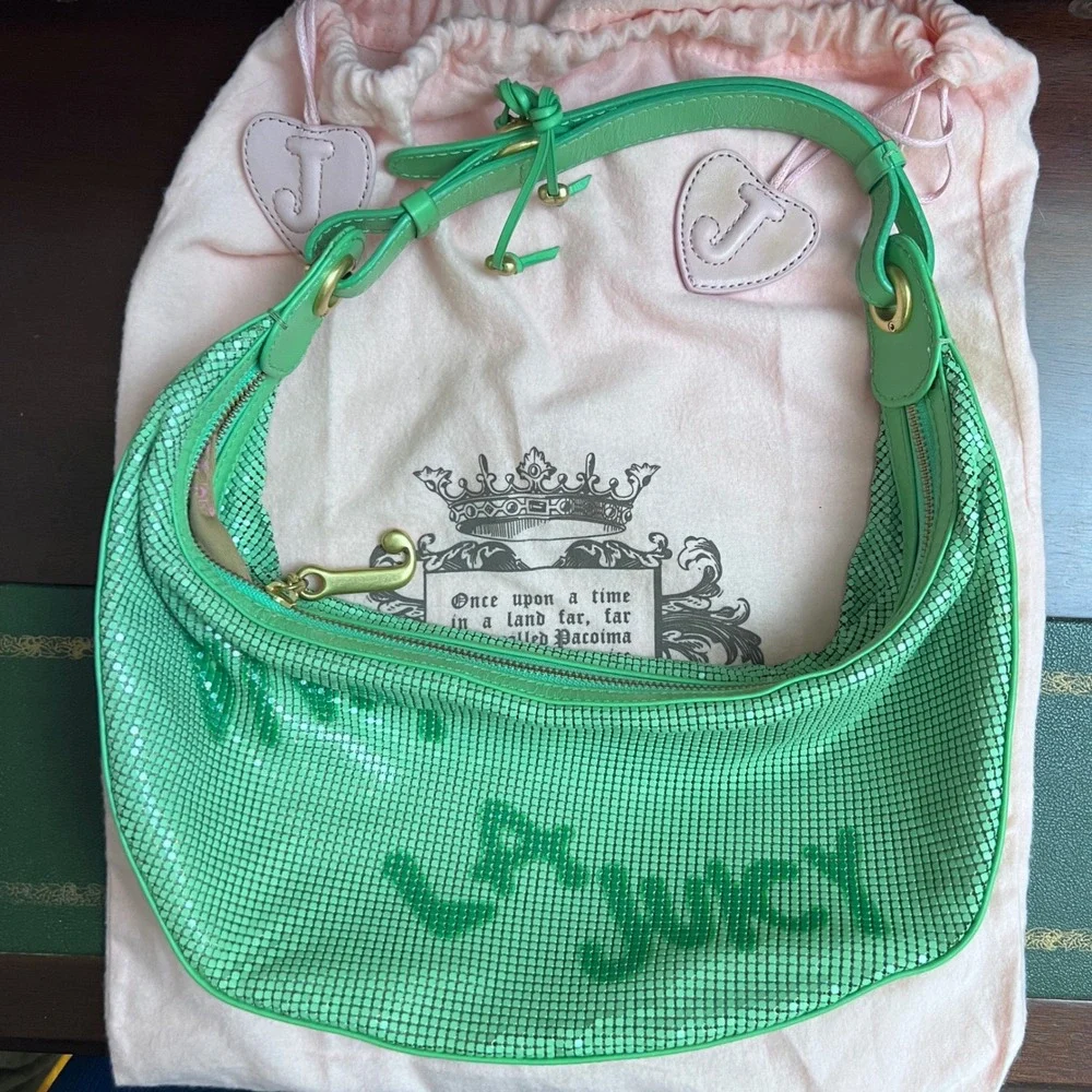 Juicy Couture Viva La Juicy Green Mesh Hobo Bag Leather Trim Heart Logo Brass